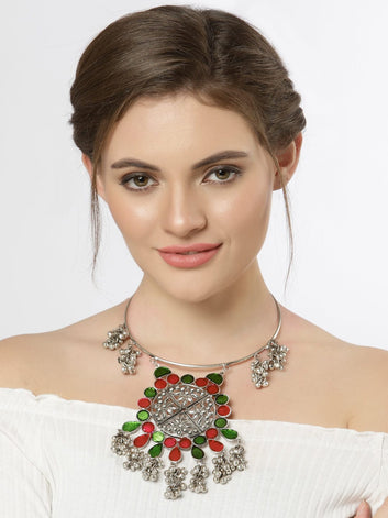 Silver-Toned & Pink Brass Silver-Plated Meenakari Necklace