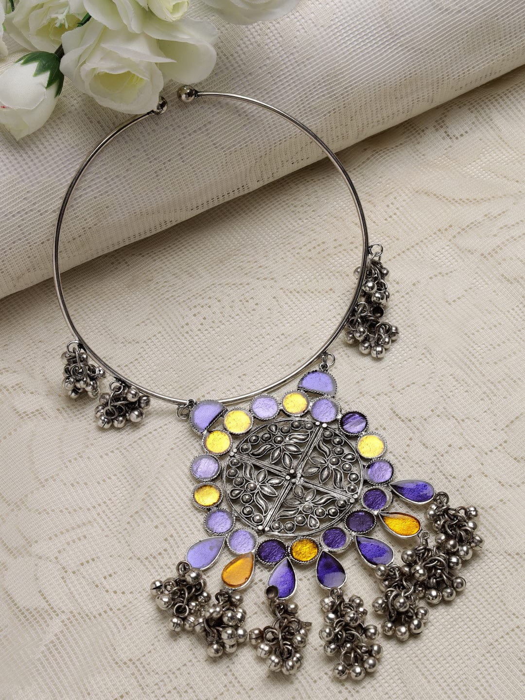 Silver-Toned & Lavender Brass Silver-Plated Meenakari Necklace