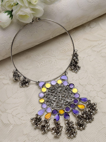 Silver-Toned & Lavender Brass Silver-Plated Meenakari Necklace