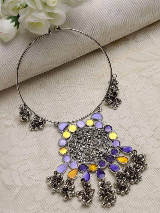 Silver-Toned & Lavender Brass Silver-Plated Meenakari Necklace