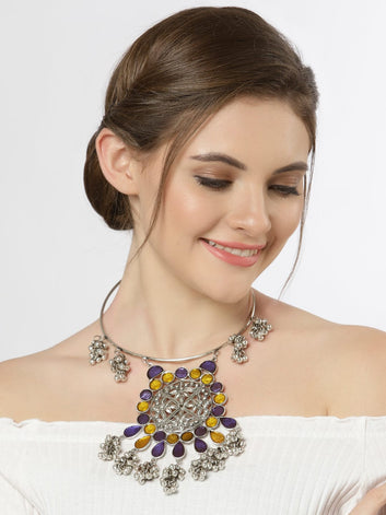 Silver-Toned & Lavender Brass Silver-Plated Meenakari Necklace