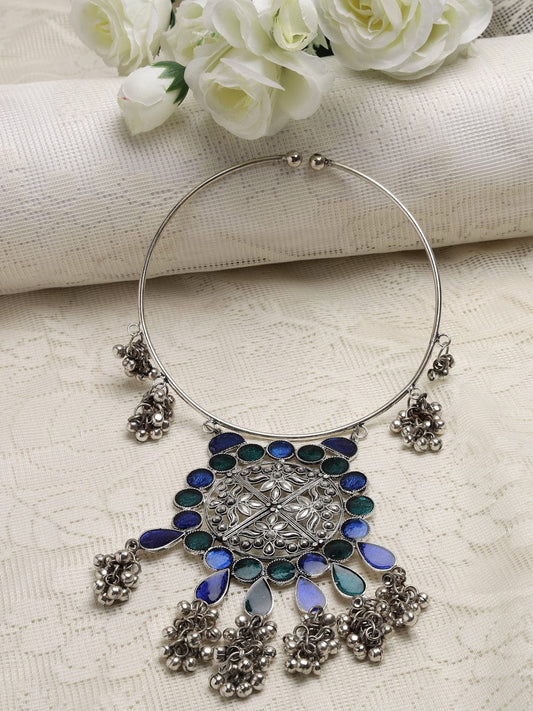 Silver-Toned & Blue Brass Silver-Plated Meenakari Necklace
