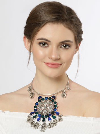 Silver-Toned & Blue Brass Silver-Plated Meenakari Necklace