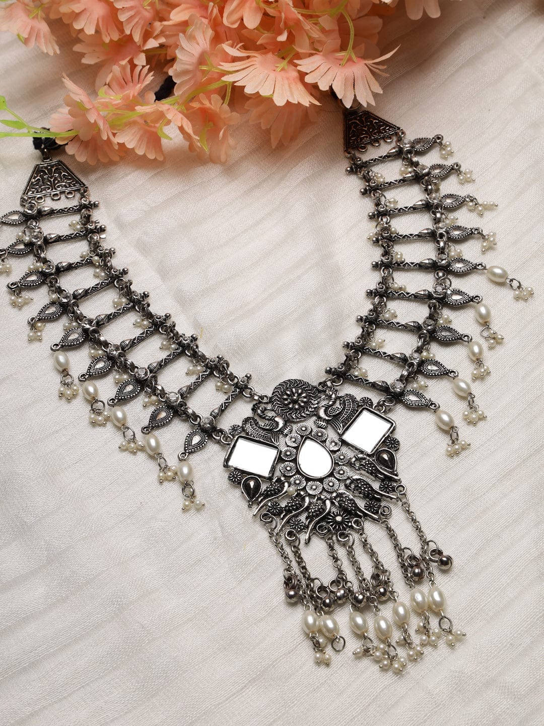 Silver-Toned & White Brass Silver-Plated Mirror Necklace