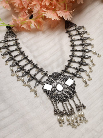 Silver-Toned & White Brass Silver-Plated Mirror Necklace