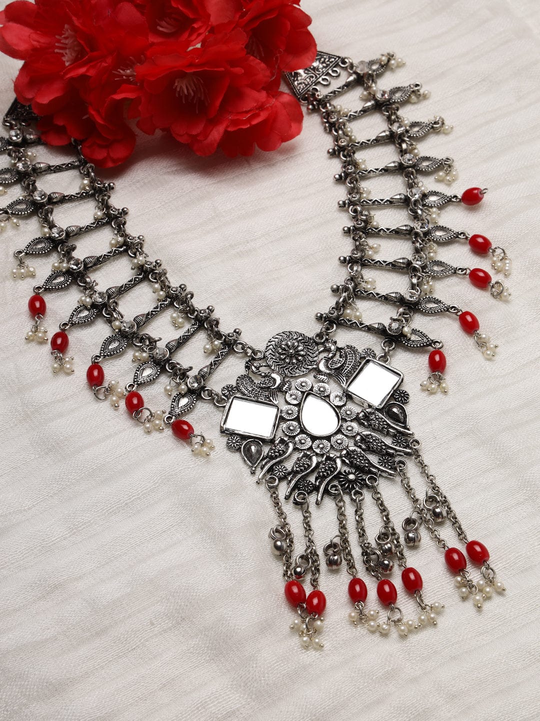 Silver-Toned & Red Brass Silver-Plated Mirror Necklace