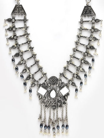 Silver-Toned & Gunmetal-Toned Brass Silver-Plated Mirror Necklace