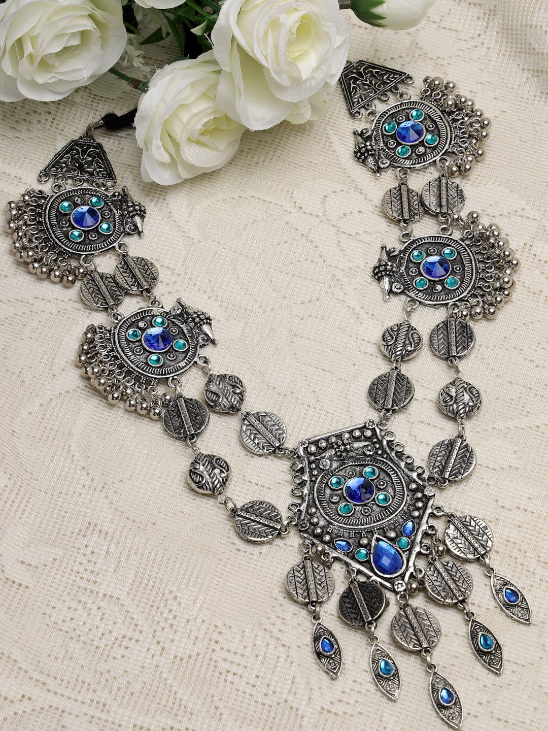 Silver-Toned & Blue Brass Silver-Plated Afghan Necklace