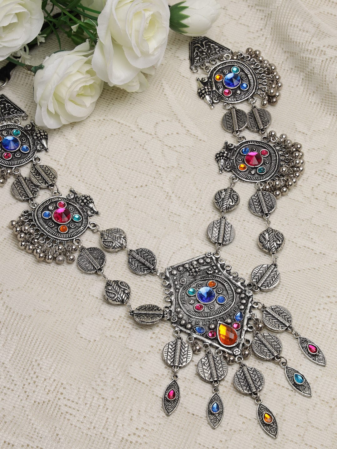 Silver-Toned & Orange Brass Silver-Plated Afghan Necklace