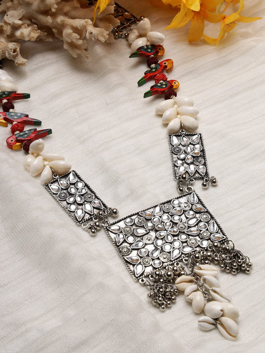 Silver-Toned & Red Brass Silver-Plated Meenakari Necklace