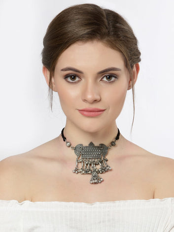 Silver-Toned & Gunmetal-Toned Brass Silver-Plated Choker Necklace