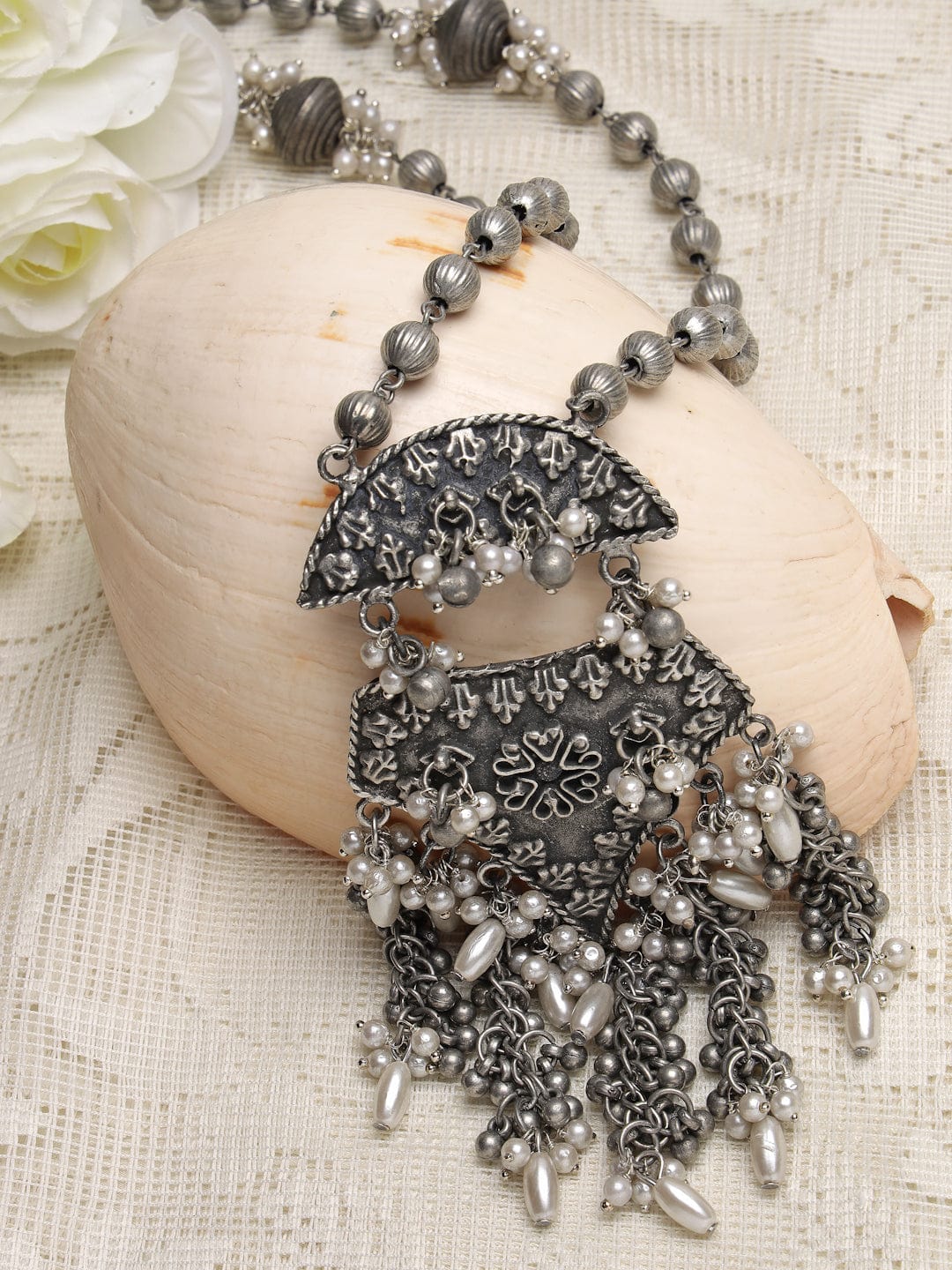 Silver-Toned & White Brass Silver-Plated Oxidised Necklace