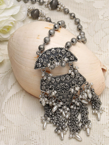 Silver-Toned & White Brass Silver-Plated Oxidised Necklace