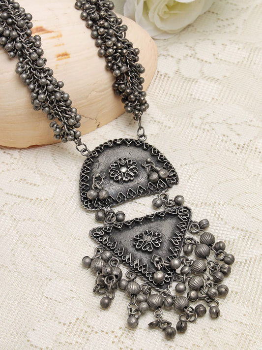 Silver-Toned & Gunmetal-Toned Oxidised Necklace