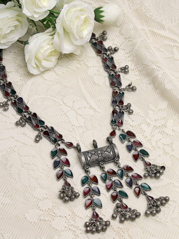 Silver-Toned & Blue Brass Silver-Plated Meenakari Necklace