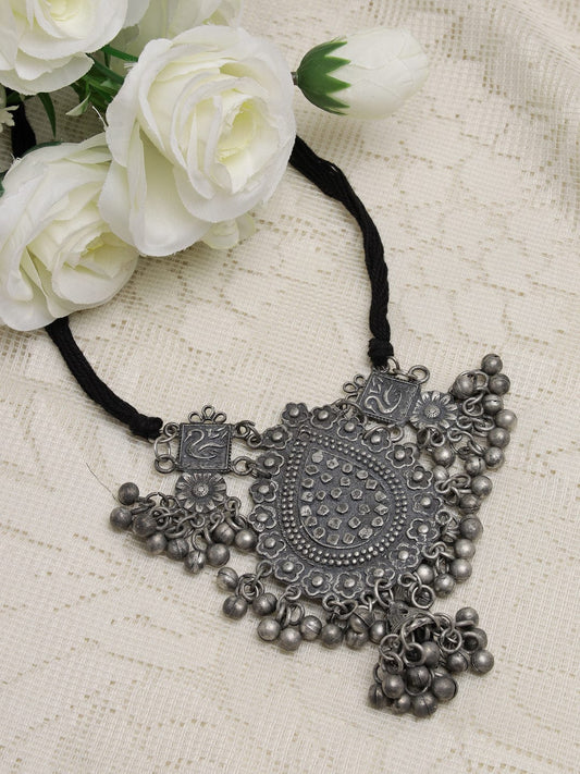 Silver-Toned & Black Brass Silver-Plated Choker Necklace