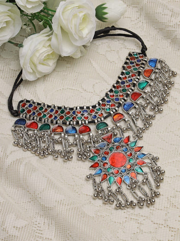 Silver-Toned & Red Brass Silver-Plated Meenakari Necklace