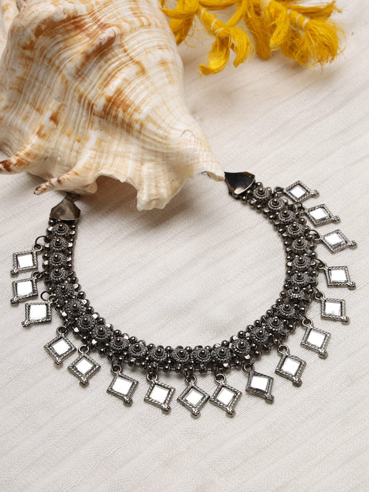 Silver-Toned & Gunmetal-Toned Brass Silver-Plated Mirror Necklace