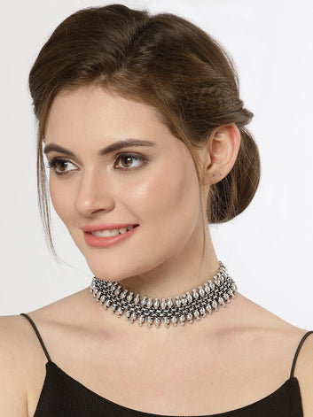 Silver-Toned & Black Brass Silver-Plated Oxidised Necklace