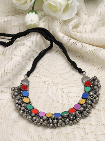 Silver-Toned & Red Brass Silver-Plated Afghan Necklace