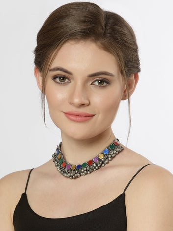 Silver-Toned & Red Brass Silver-Plated Afghan Necklace