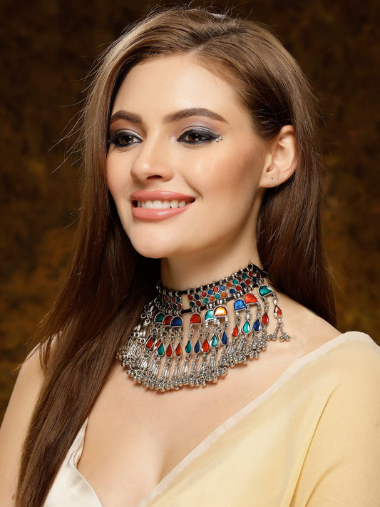 Multi Color Bohemian Tesselled Meenakari Chokar Necklace