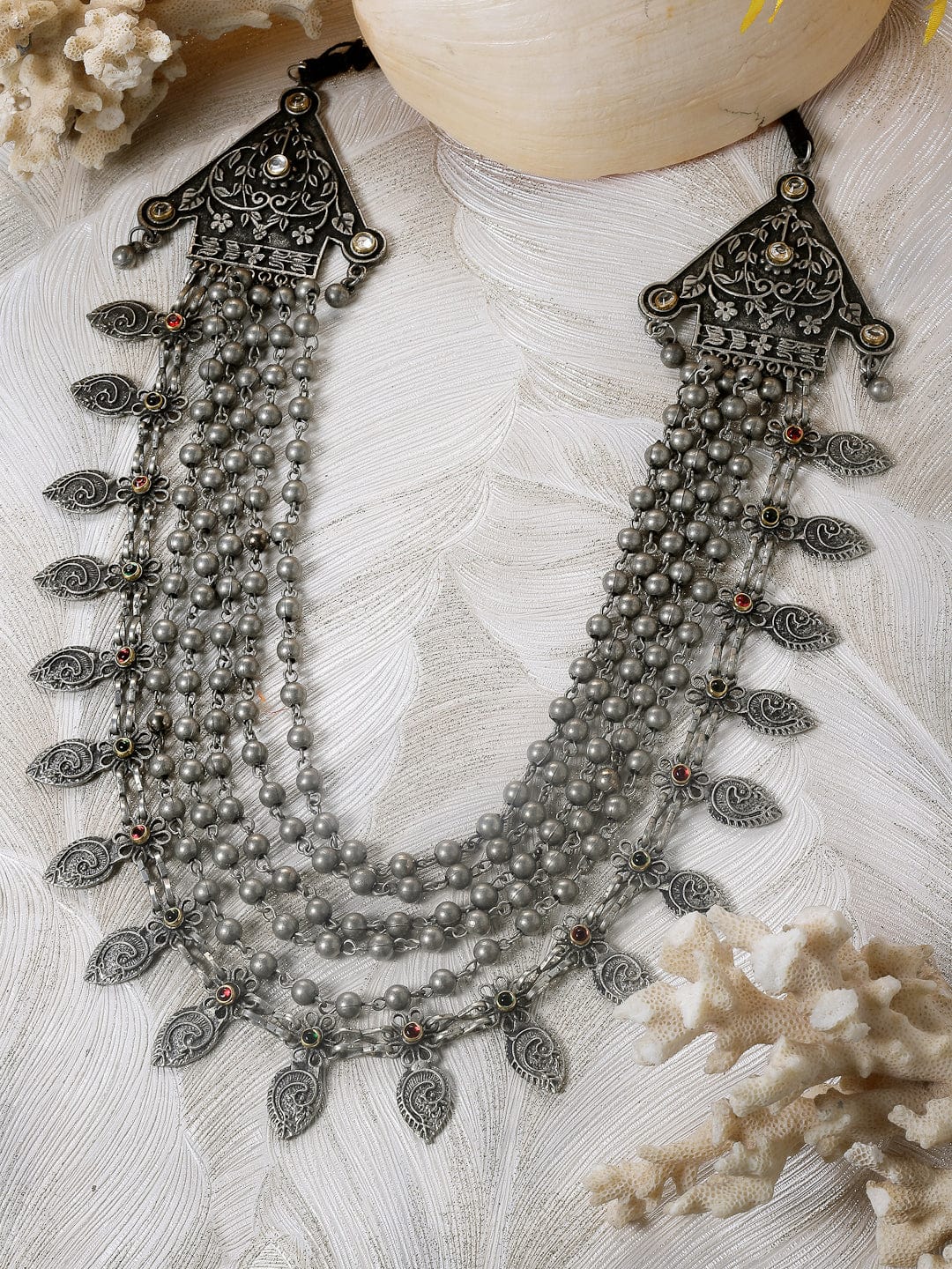 Multi Layered Oxidised SIlver Plated Tesselled Necklace