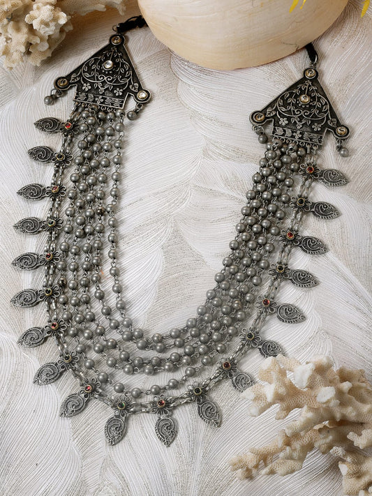 Multi Layered Oxidised SIlver Plated Tesselled Necklace