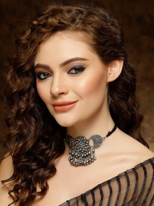 Gunmetal Oxidised Tasseled Chokar Necklace