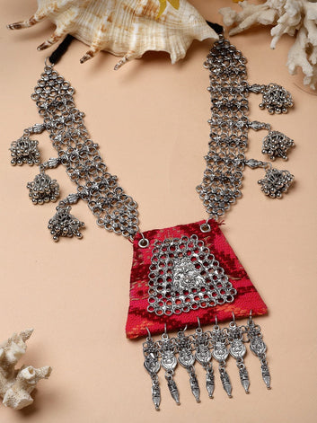 Handcrafted Embroidered Work Tasselled Filigree Design Oxidised Silver Plated Necklace