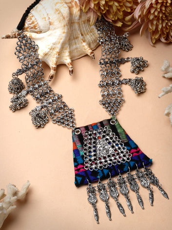 Handcrafted Embroidered Work Tasselled Filigree Design Oxidised Silver Plated Necklace