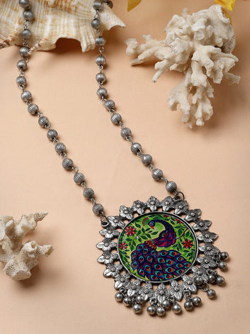 Handpainted Meenakari Work Tasselled Design Oxidised Silver Plated Pendant Necklace