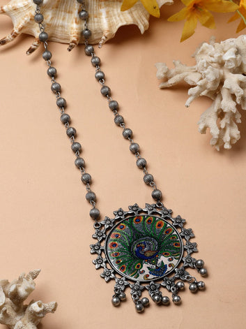 Handpainted Meenakari Work Tasselled Design Oxidised Silver Plated Pendant Necklace