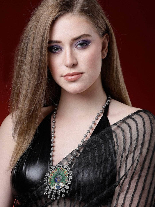 Handpainted Meenakari Work Tasselled Design Oxidised Silver Plated Pendant Necklace