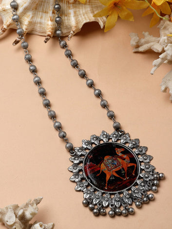 Handpainted Meenakari Work Tasselled Design Oxidised Silver Plated Pendant Necklace