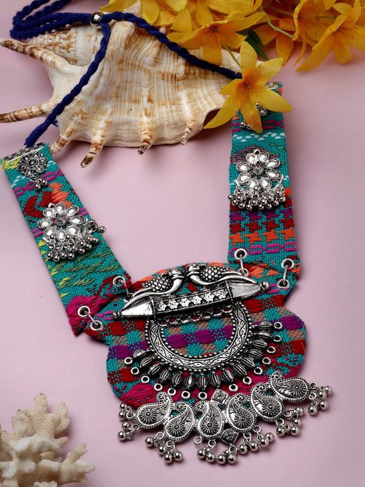 Handcrafted Embroidery Work Afghan Paisley Design Oxidised Silver Plated Tassel Necklace