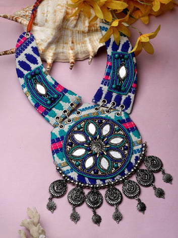 Mirrors Studded Embroidery Work Afghan Design Oxidised Silver Plated Tasselled Necklace