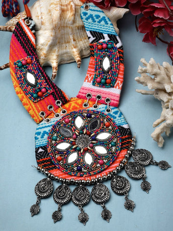 Mirrors Studded Embroidery Work Afghan Design Oxidised Silver Plated Tasselled Necklace