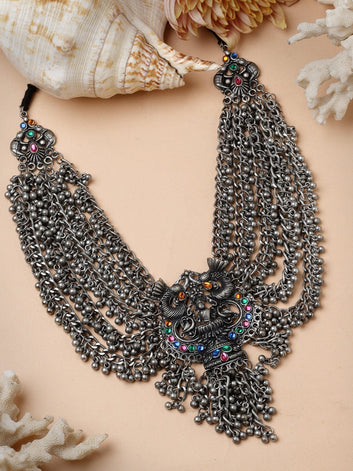 Stone Studded Layered Temple Design Oxidised Silver Plated Handcrafted Antique Necklace