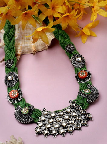 Kundan Studded Handwoven Tribal Design Oxidised Silver Plated Antique Layered Necklace