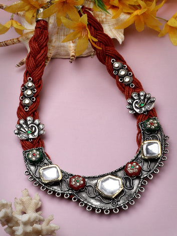 Kundan Studded Handwoven Tribal Design Oxidised Silver Plated Antique Layered Necklace