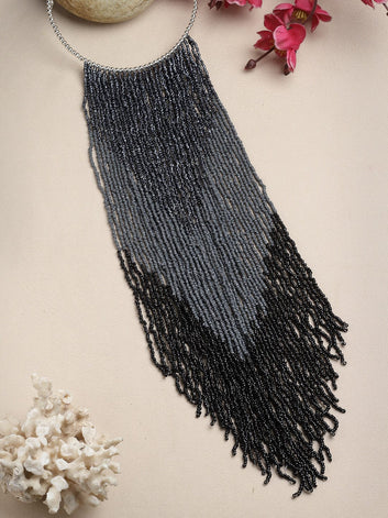 Handcrafted Beads Studded Layered Tasselled Design Oxidised Silver Plated Choker