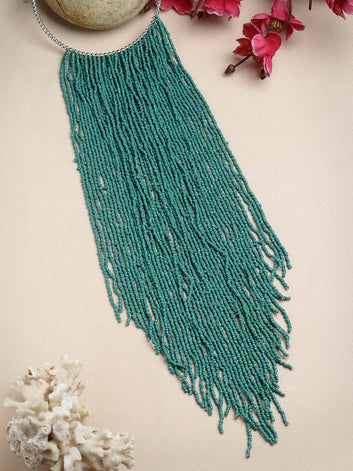 Handcrafted Beads Studded Layered Tasselled Design Oxidised Silver Plated Choker