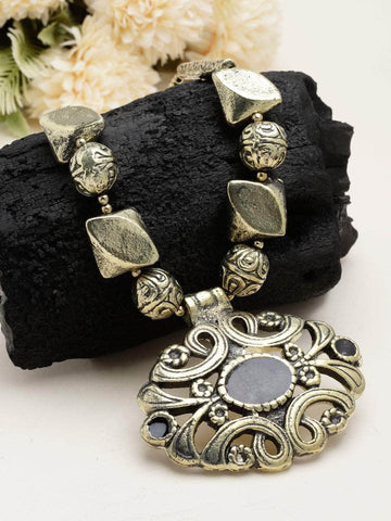 Handcrafted Enamelled Antique Stone Design Oxidised Gold Plated Tribal Pendant Necklace