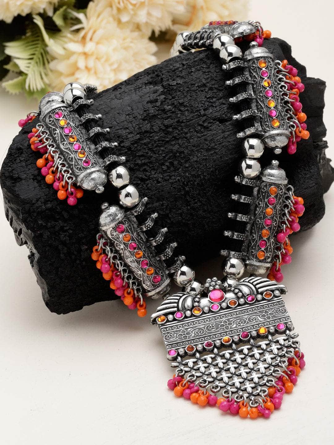 Handcrafted Beads & Crystals Studded Afghan Design Oxidised Silver Plated Necklace