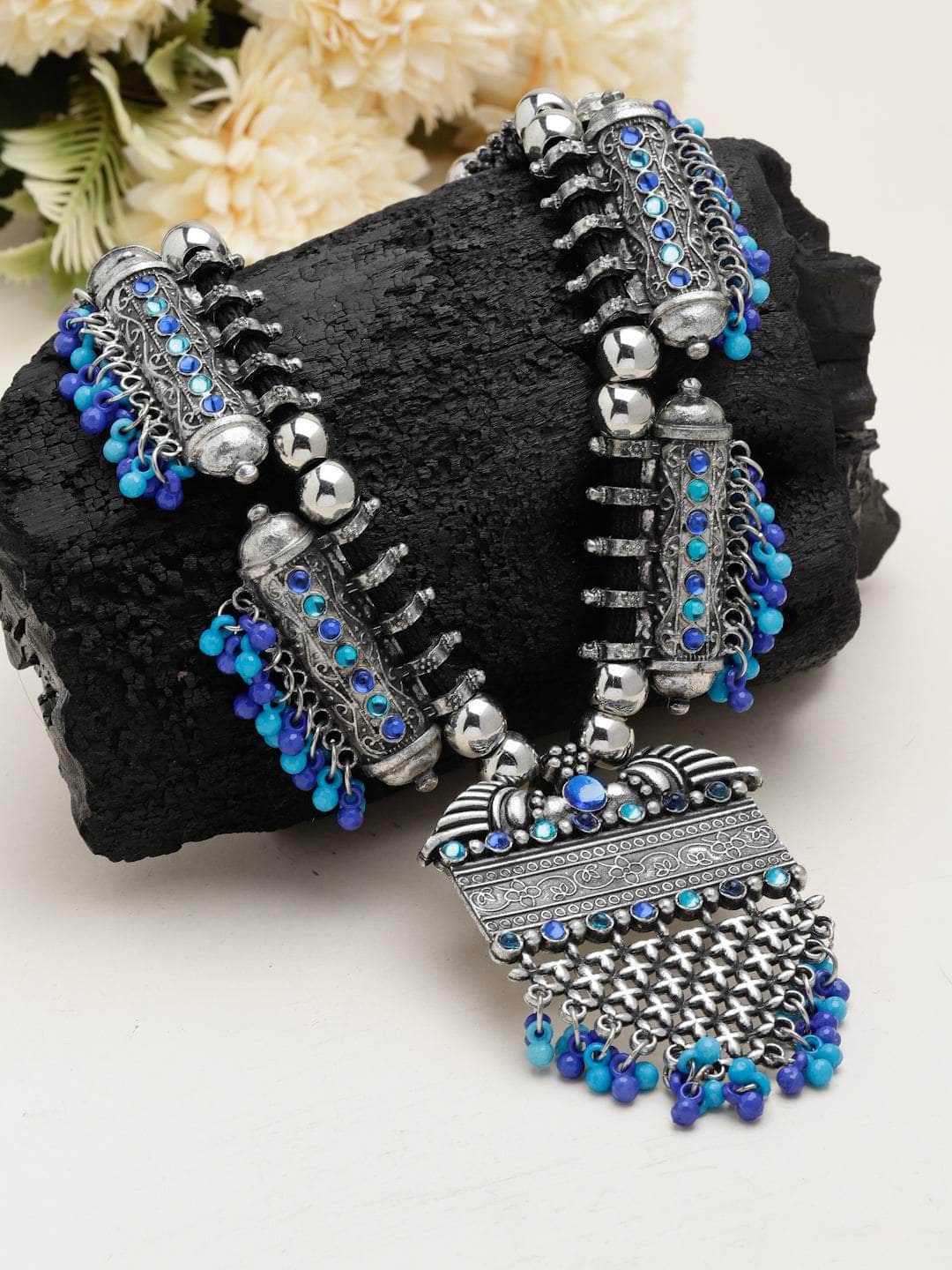 Handcrafted Beads & Crystals Studded Afghan Design Oxidised Silver Plated Necklace