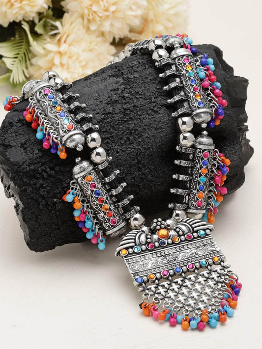 Handcrafted Beads & Crystals Studded Afghan Design Oxidised Silver Plated Necklace