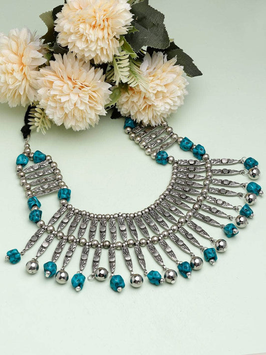 Turquoise Stone Studded Antique Tribal Design Oxidised Silver Plated Tasselled Necklace