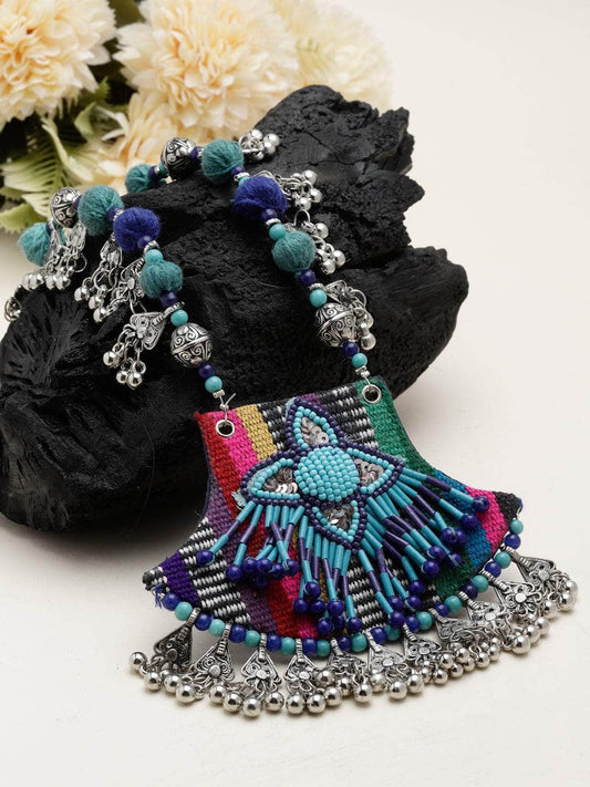 Handcrafted Beads Studded Tasselled Design Oxidised Silver Plated Afghan Necklace