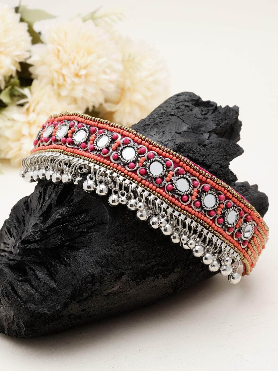 Handcrafted Mirrors & Beads Studded Afghan Contemporary Design Silver Plated Choker